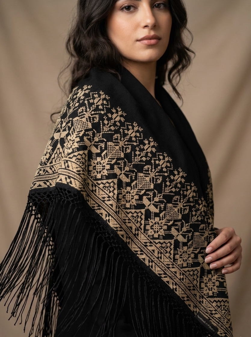 Chal Triangular Tatreez Palestino - Bordado Artesanal Beige