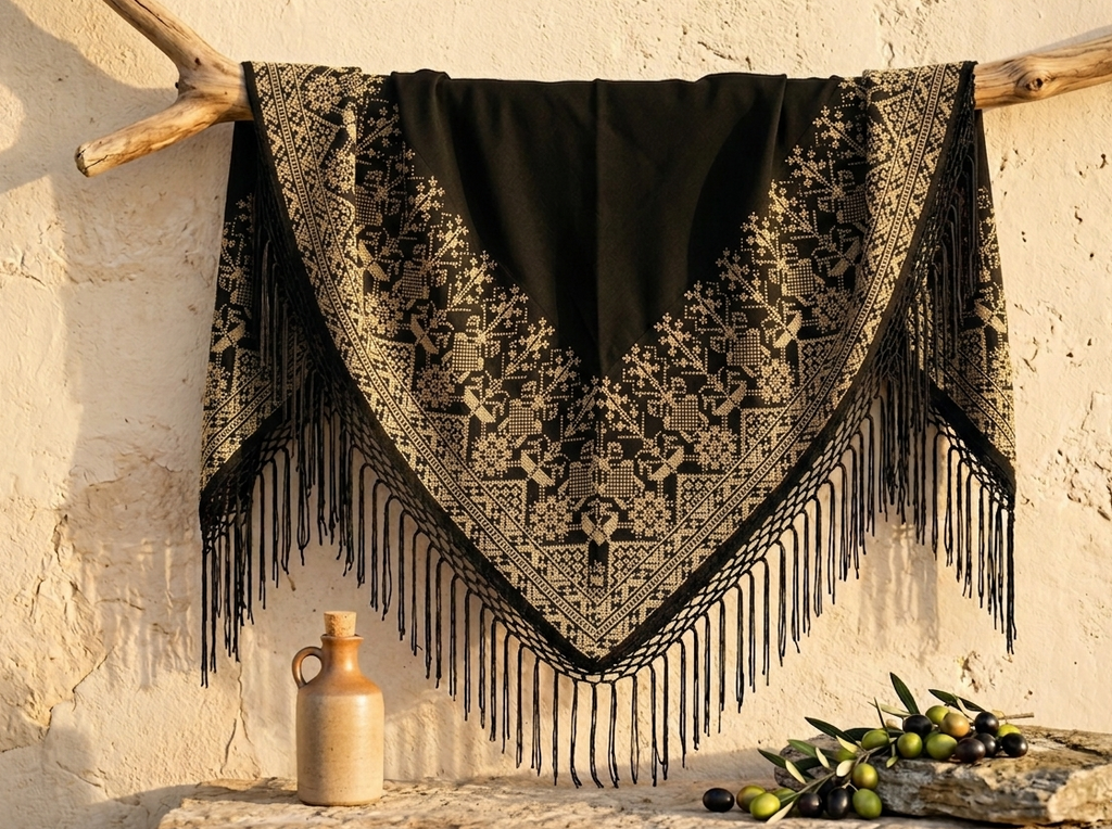 Chal Triangular Tatreez Palestino - Bordado Artesanal Beige