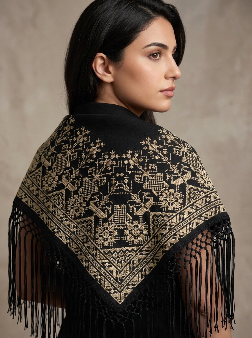 Chal Triangular Tatreez Palestino - Bordado Artesanal Beige