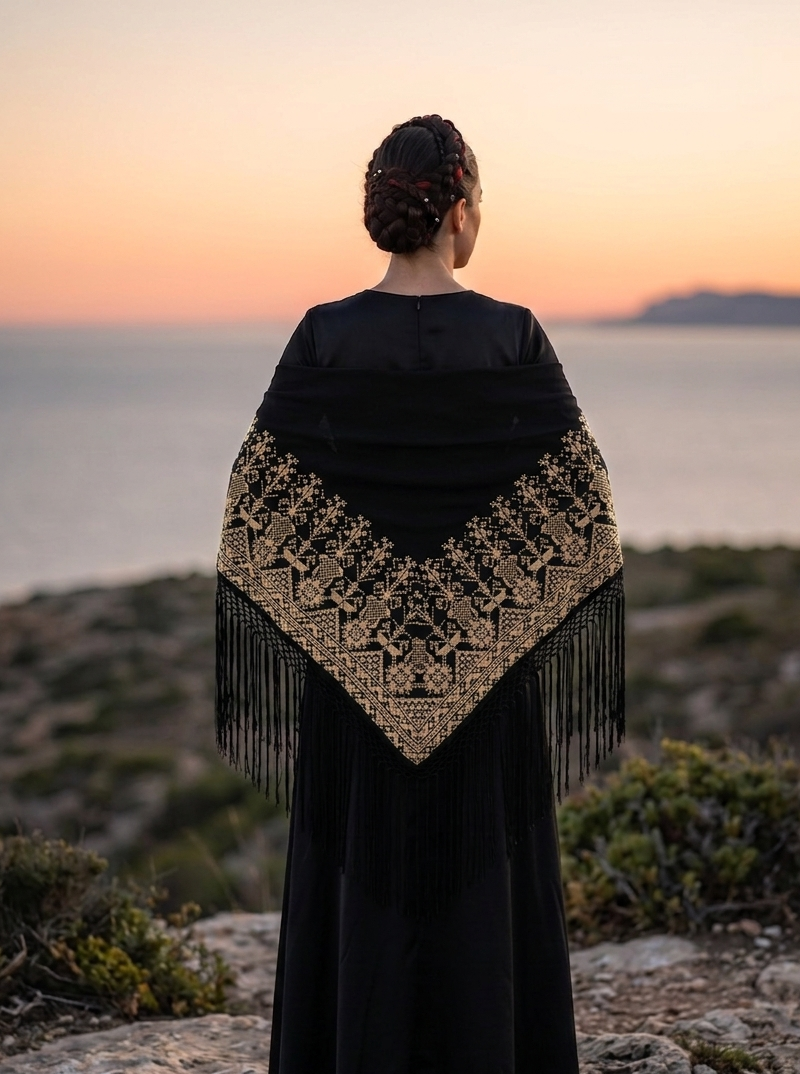 Chal Triangular Tatreez Palestino - Bordado Artesanal Beige