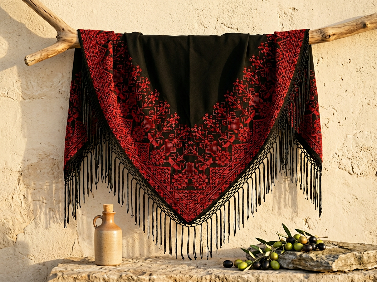 Chal Triangular Tatreez Palestino - Bordado Artesanal Rojo