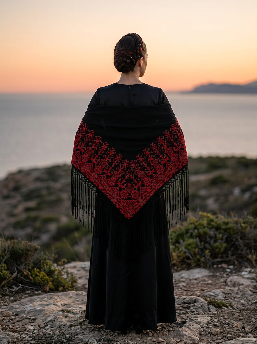 Chal Triangular Tatreez Palestino - Bordado Artesanal Rojo