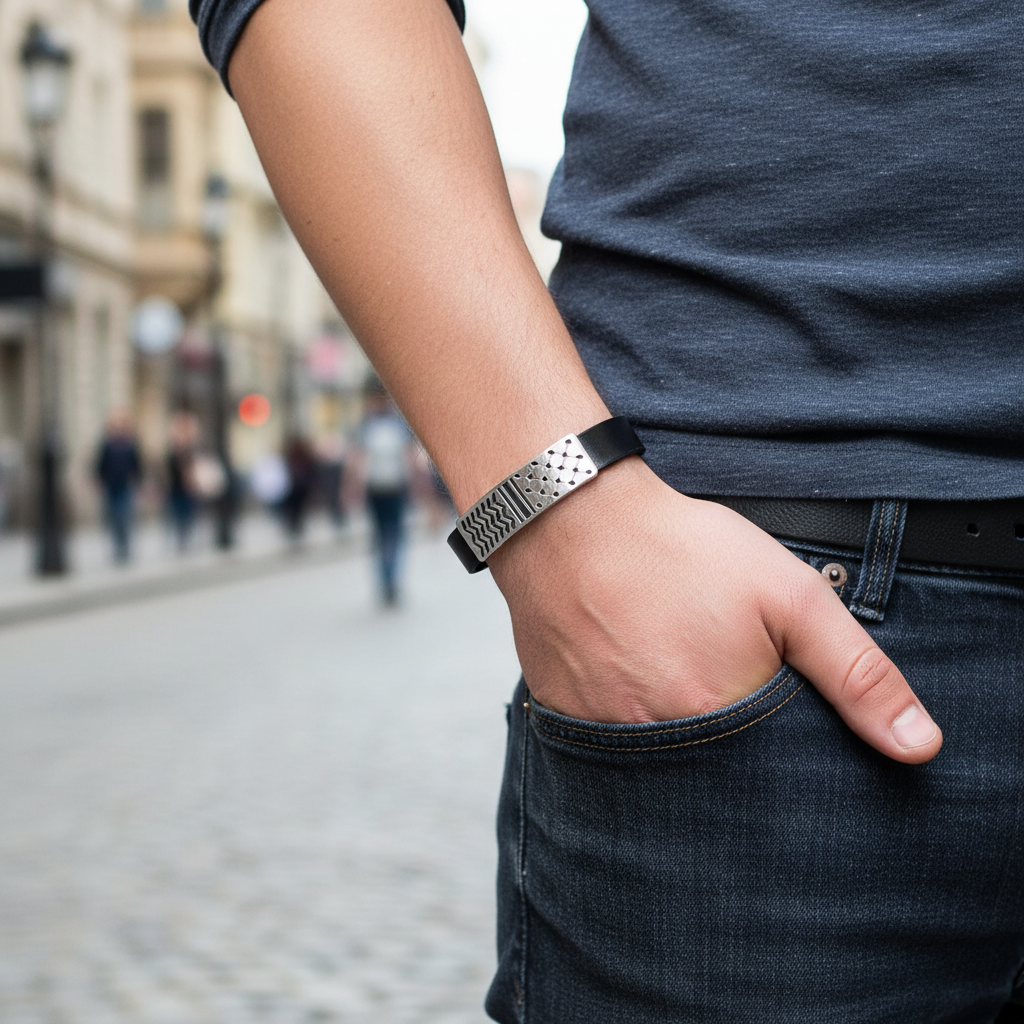 Pulsera de Cuero y Acero plateado