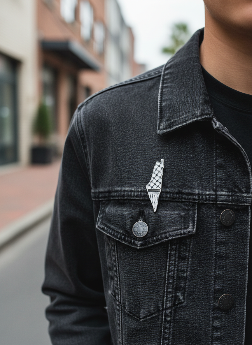 PIN MAPA PALESTINA – BLANCO Y NEGRO (KUFIYAH)